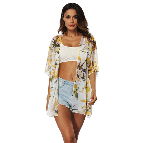 Female White Trendy Style Orchid Printed Half Sleeves Sun-protection Loose Casual Cover Ups