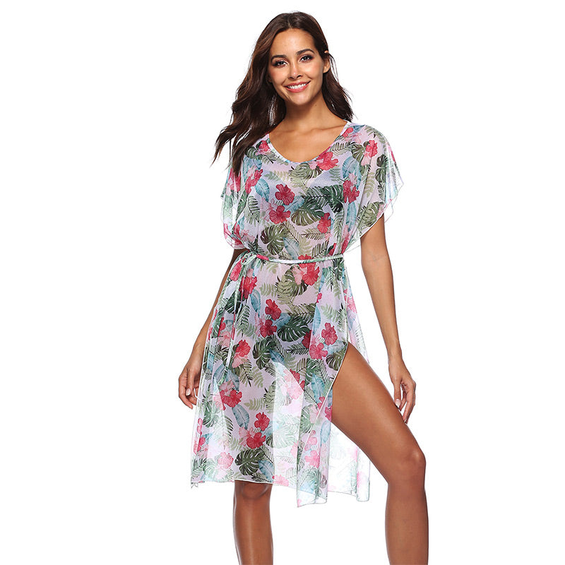 Lady Sexy Style Flowers Printed V-Neck Lace Up Sun-protection Loose Beach Cover Ups