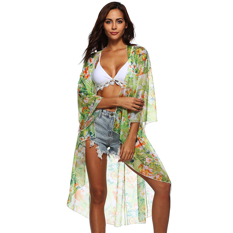 Lady Hot Sale Flowers Printed Sun-protection Sexy Loose Swimwear Cover Ups