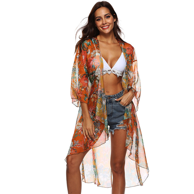 Lady Trendy Sexy Style Flowers Printed Geometry Irregular Sun-protection See Through Bikini Cover Ups