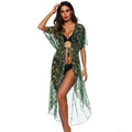 Lady Tree Leaves Printed Lace Up Irregular Loose Sun-protection See Through Cover Ups