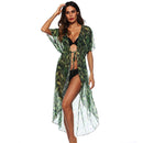 Lady Tree Leaves Printed Lace Up Irregular Loose Sun-protection See Through Cover Ups