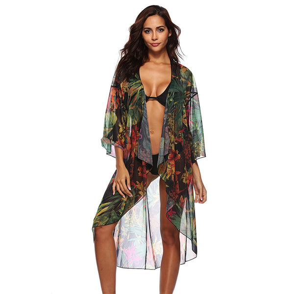 Ladies High Quality Flowers Printed Sun-protection Irregular Bikini Beach Swimwear See Through Cover Ups