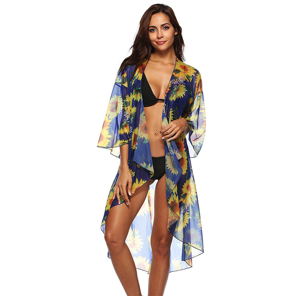 Lady Sunflowers Printed See Through Irregular Sexy Loose Bikini Swimsuit Cover Ups