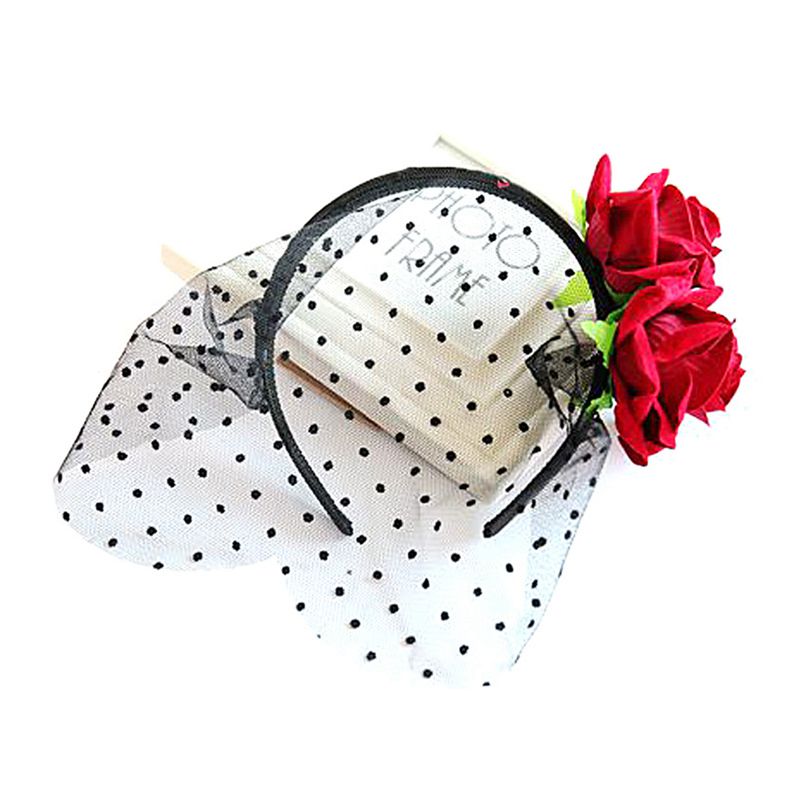 Lady New Fashion Rose Lace Small Dots Printed Dancing Party Headband With Veil