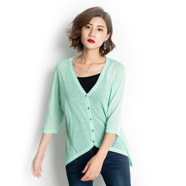 Woman Simple Fashion Style Solid Color Single Breasted Irregular Hemline Thin Sun-protection Cardigan