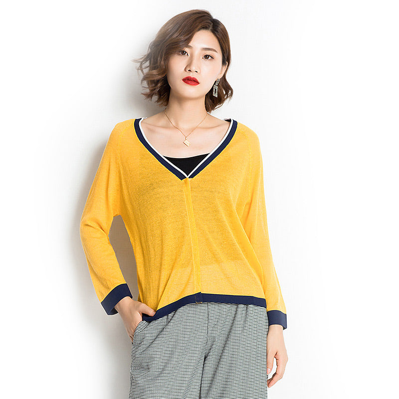 Female New Arrival Block Color V-Neck Sun-protection Thin Cool Long Sleeves Knitwear