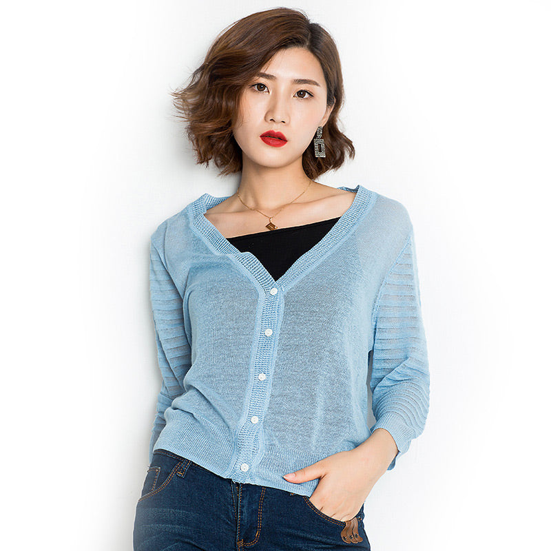 Female New Arrival V-Neck Solid Color Single Breasted Thin Cool Sun-protection Knitwear