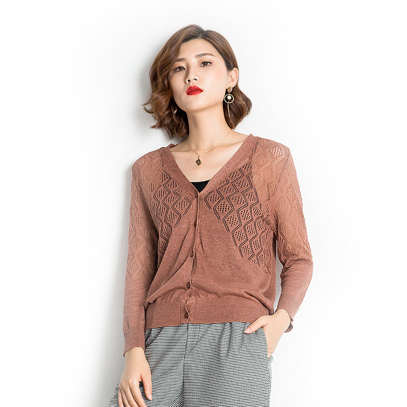 Female New Fashion V-Neck Hollowed Out Batwing Sleeves Thin Sun-protection Single Breasted Knitwear