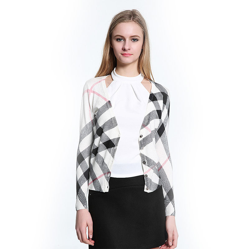 Female Trendy Style Plaids V-Neck Single Breasted Slimming Long Sleeves Cardigan