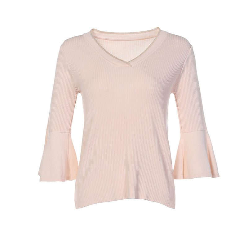 Female New Fashion Simple Style Solid Color V-Neck Flare Sleeves Knitted Blouses