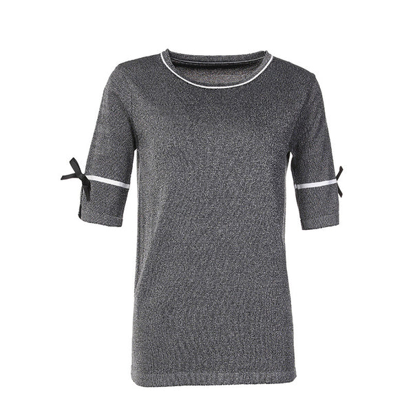 Ladies New Arrival Top Grade Hot-selling Bowknots Short Sleeves O-Neck Knitted Blouses