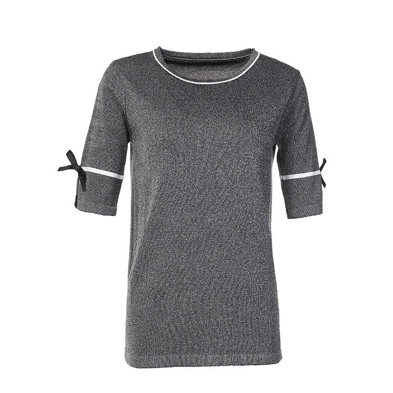 Ladies New Arrival Top Grade Hot-selling Bowknots Short Sleeves O-Neck Knitted Blouses