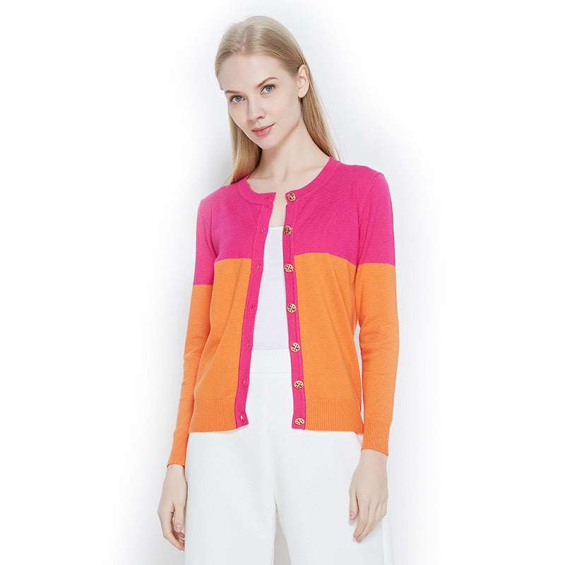 Ladies Fashion Style Block Color O-Neck Single Breasted Long Sleeves Knitwear