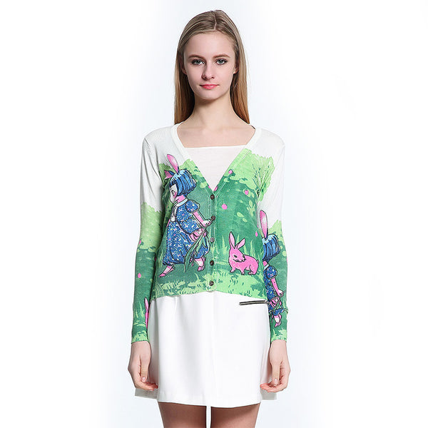 Lady Fashion Cartoon Printed V-Neck Single Breasted Long Sleeves Knitted Blouses