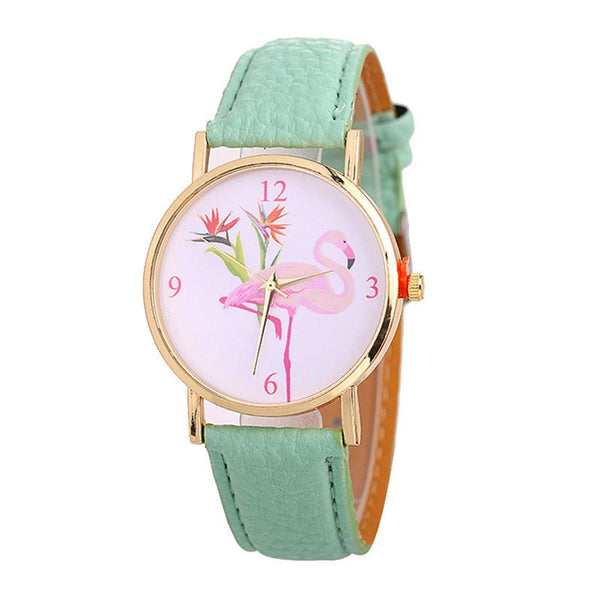 Lovely Fashion Round White Dial  Flamingo Pattern Fresh Color PU Leather Strap Wrist Watches