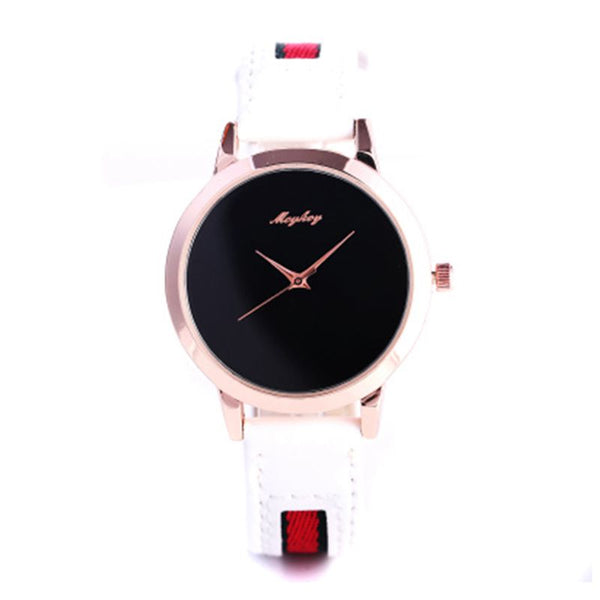 New Design Simple Vogue Round Black Dial Leather Cloth Spliced Band Buckle Quartz Watches