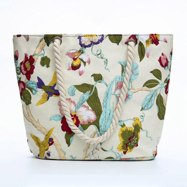 Beautiful Peony Birds Leaves Printed Rope Single-shoulder Canvas Tote Bags