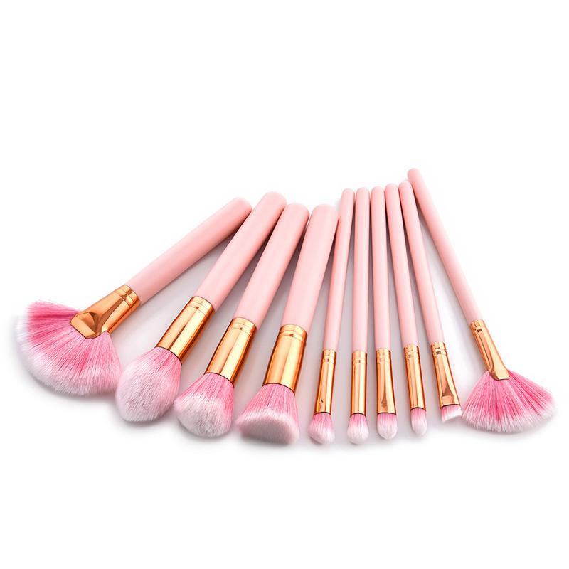 10pcs Women Makeup Tools Set Pink Color Wooden Handle Nylon Cosmetic Brushes