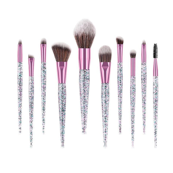 10pcs Set Women Cosmetic Tools Plastic Handle Shiny Sequin Decoration Nylon Eyeshadow Brushes