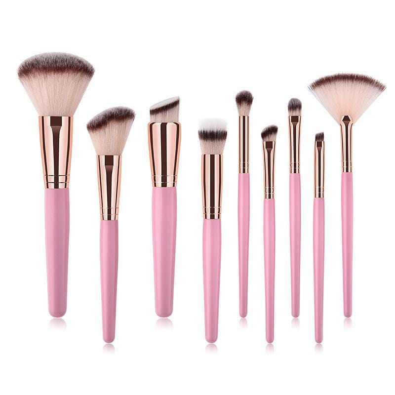 Women 9pcs/set Fan Shape Nylon Brushes Wooden Handle Cosmetic Tools