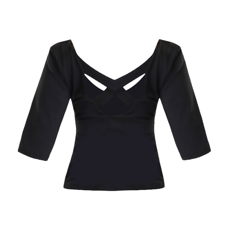 New Arrival High Quality Sexy Slim Backless Half Sleeves V-Neck Back Cross Yoga Sport Top With Falsies