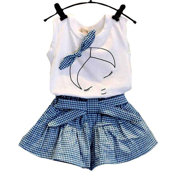Child Bowknot Sleeveless Head Portrait Printed Tank Tops And Plaid Shorts 2Pcs Set