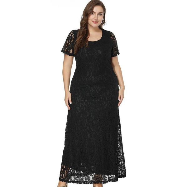 Women Arrival Solid Color Hollow Out Lace Short Sleeves Plus Size Party Long Dress