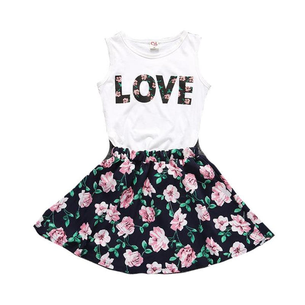 Child Trendy Cute Sleeveless "LOVE" Printed Tank Tops And Floral Skirt 2Pcs Set