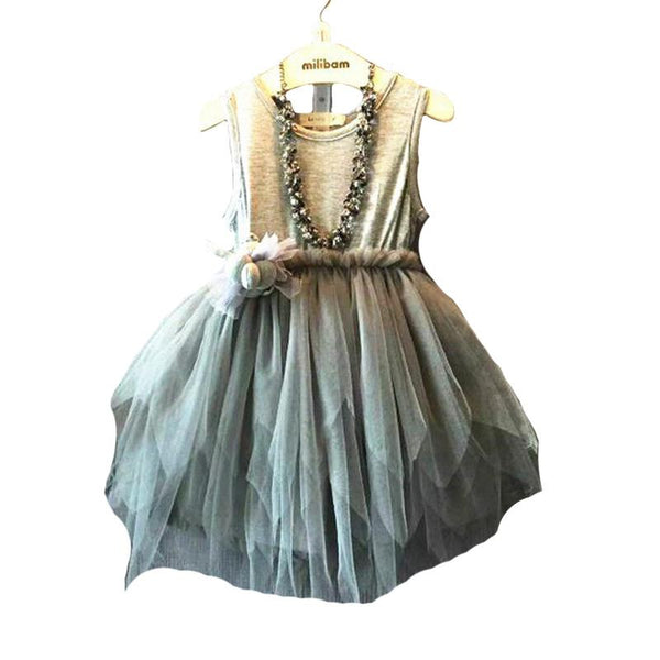 Kids New Arrival O-neck Trendy Lovely Sleeveless Grey Gauze Dress