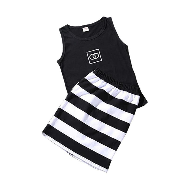 Child Trendy Cute Sleeveless Circle Printed Tank Tops And Stripes Skirt 2Pcs Set