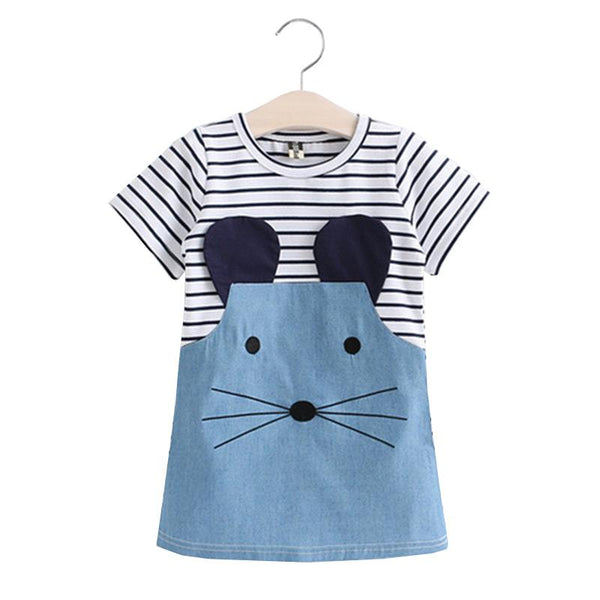 Children Hot Sale Cartoon Little Mouse Stripes Short Sleeves Lovely  Princess Dress