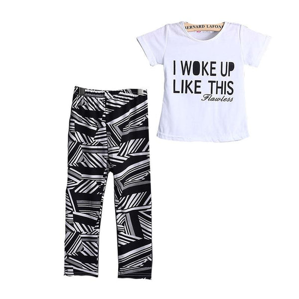 Children Hot Sale O-Neck Short Sleeves Letters Printed Tees And Pants With Geometry 2Pcs Set