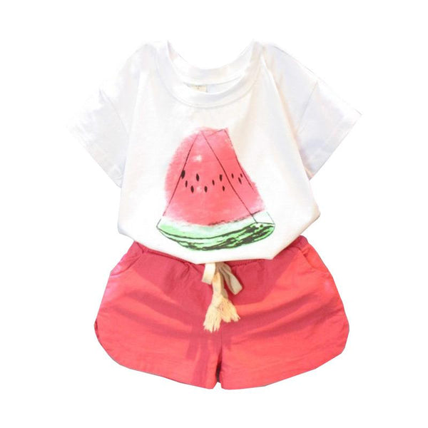 Child Watermelon Printed O-Neck Tees And Solid Color Lace Up Shorts 2Pcs Set