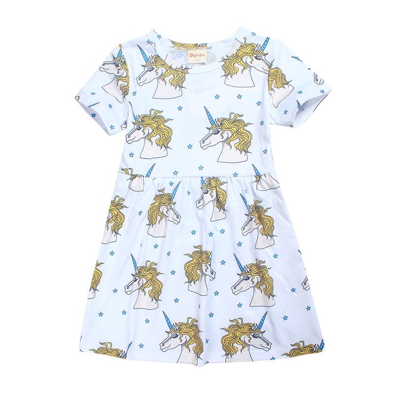 Children New Arrival Fashion Cute Unicorn Printed Short Sleeves Dress