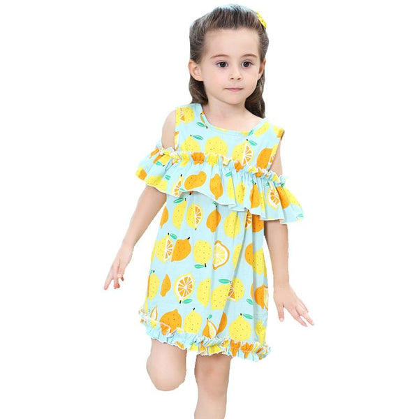 Kids Trendy Cute Lemon Printed Off Shoulder Flouncing Sleeves Princess Dress