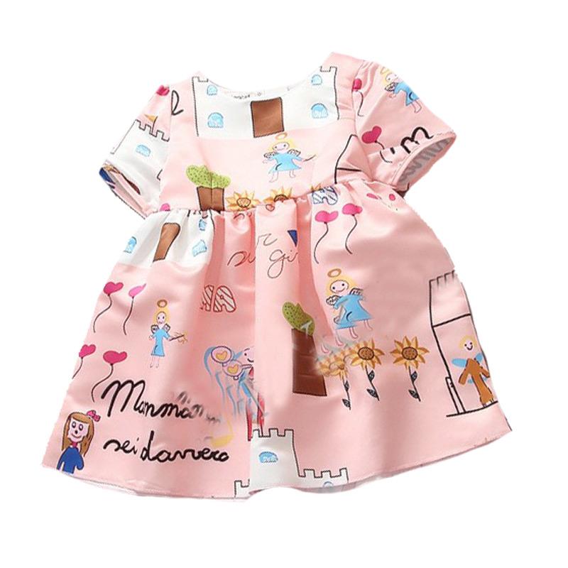 Kids High Quality Cartoon Flowers Digital Printed Lovely Short Sleeves Princess Dress