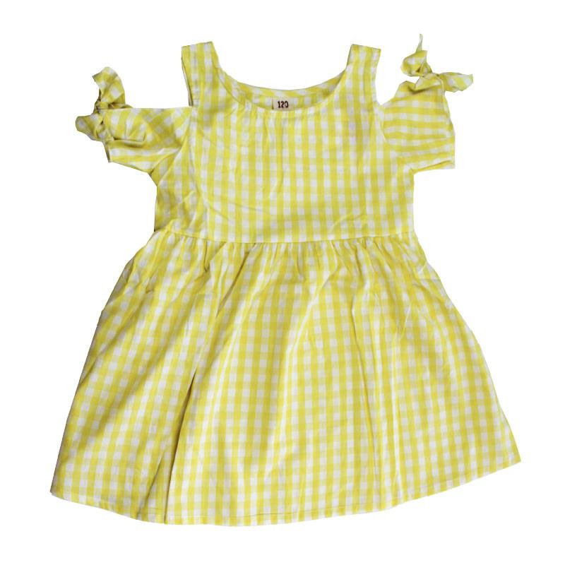 Kids Pretty Lovely Plaid Short Sleeves Off Shoulder Cotton Princess Dress