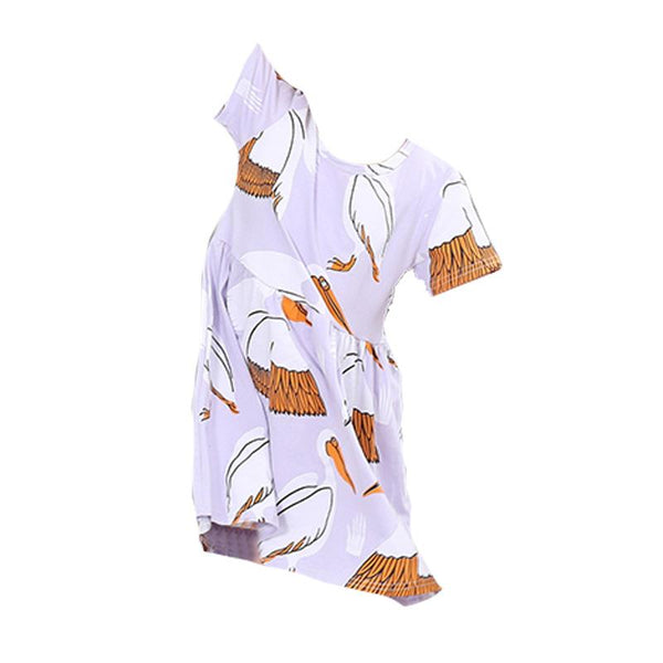 Kids Simple Lovely O-Neck Crane Printed Short Sleeves Princess Dress