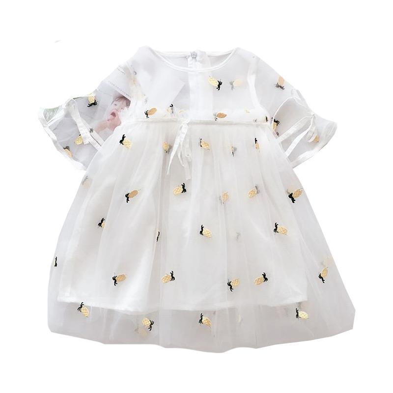 Kids Beige Pretty Lovely Pineapple Embroidered Transparent Gauze Princess Dress