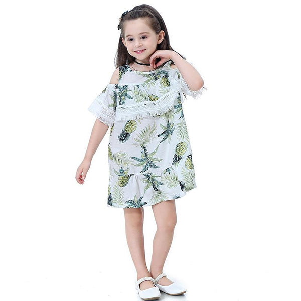 Kids Off Shoulder Short Sleeves Pineapple And Leaf Printed Princess Dress
