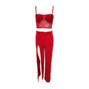 Hot Sale Sexy Women Vacation Pattern Red Color Strap Top And Split Long Skirt Set