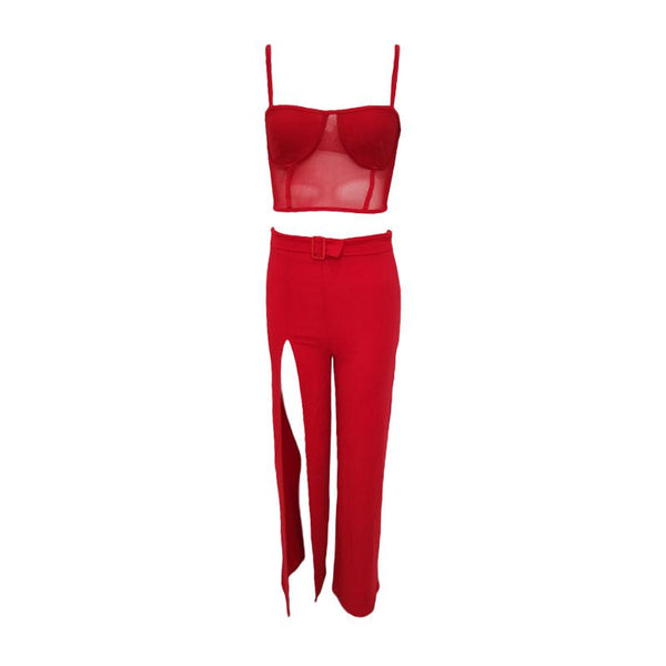 Hot Sale Sexy Women Vacation Pattern Red Color Strap Top And Split Long Skirt Set