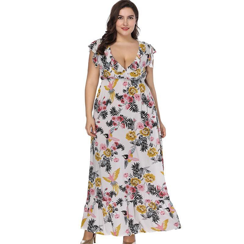 Women Classic Bohemian Style Flower Printed V Collar Casual Flouncing Sleeveless Large Hem Dress