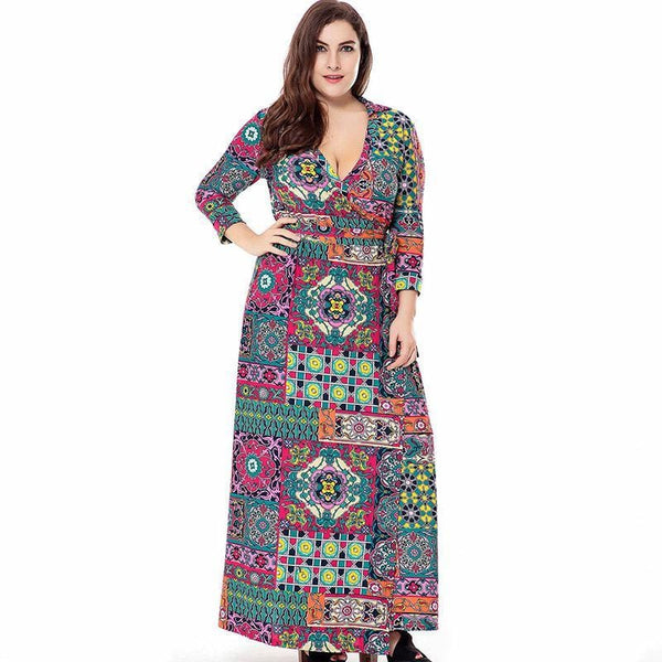 Women Retro Ethnic Style Unique Color Blocking Design Printed Three-quarter Lace Up Low Hemline Dress