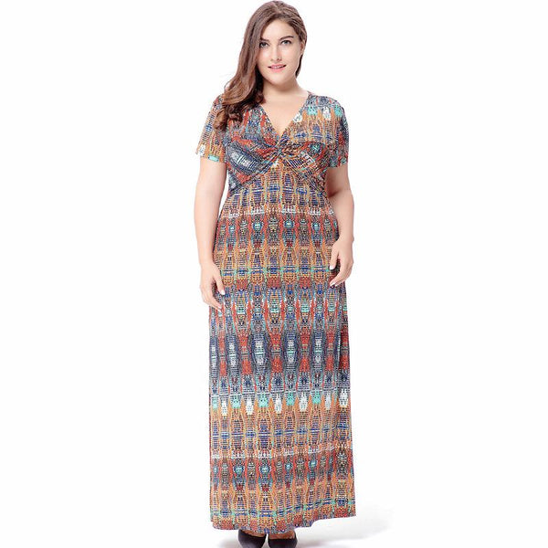 Hot-selling Retro Ethnic Style Women Boho Printed Plus Size Short Sleeves Vacation Pattern Long Dress