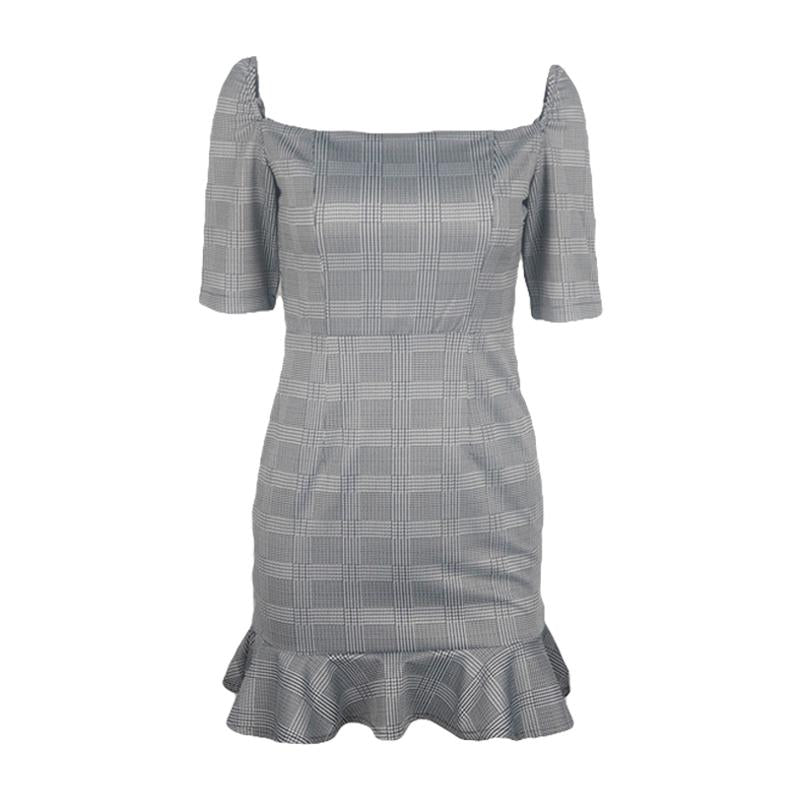 Elegant Office Lady Square Neck Checkered Print Flouncing Hem Slim Dress