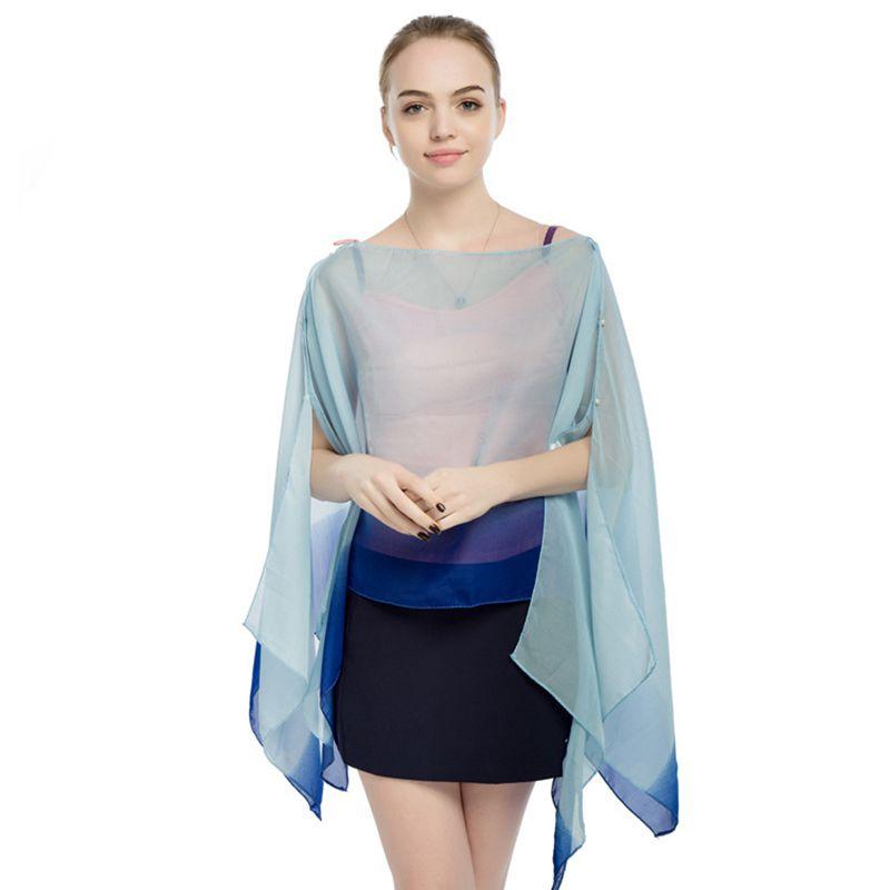 Women Fashion Gradient Color Design Pearl Buttons Summer Sun-protection Chiffon Scarf