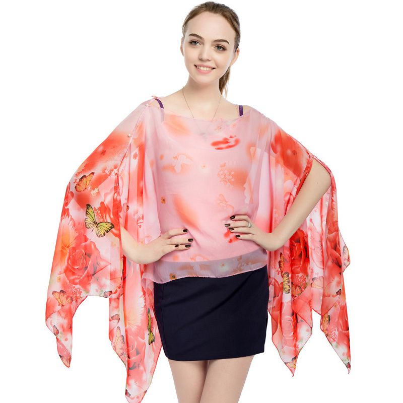 Elegant Colorful Flowers Printed Women Multifunctional Chiffon Scarf With Buttons