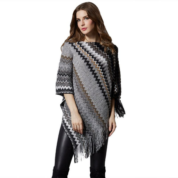 New Design Elegant Women Dolman Sleeves Classic Stripes Knitted Warm Shawl
